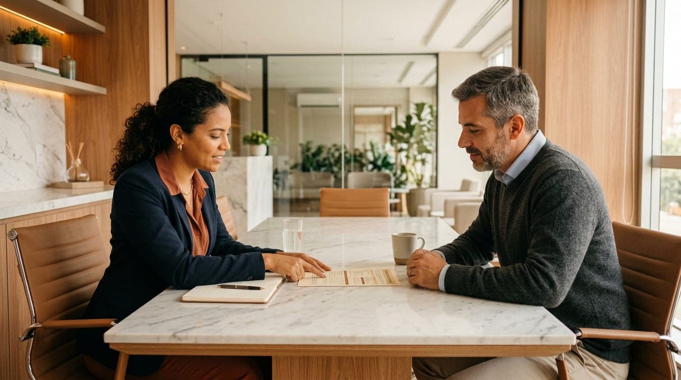 Médico e colaboradora conversam frente a frente em uma mesa de reunião da clínica