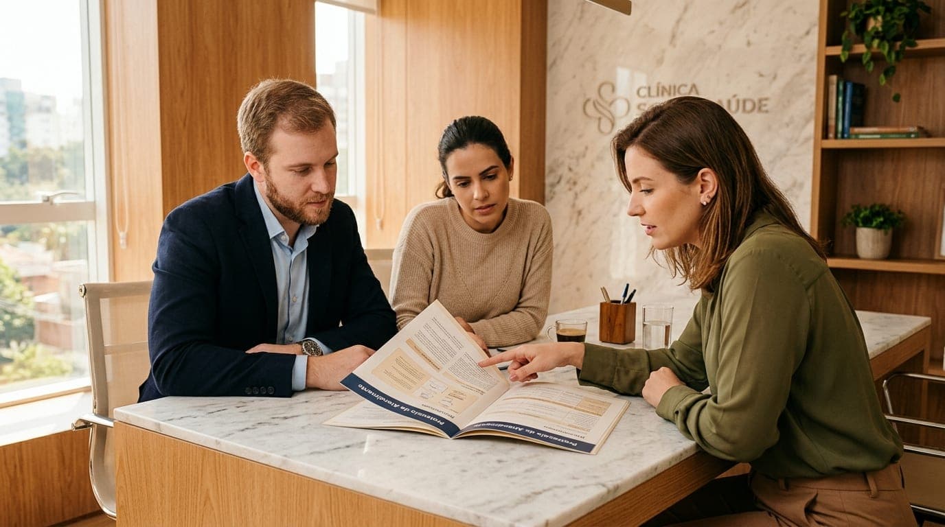 Equipe da clínica revisa um manual impresso de protocolos em volta de uma mesa