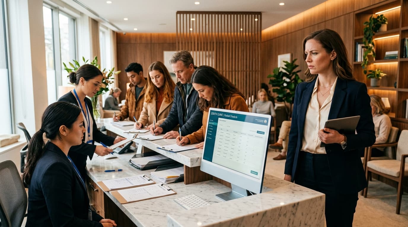 Equipe de recepção atende pacientes no balcão, com o monitor da agenda ao lado