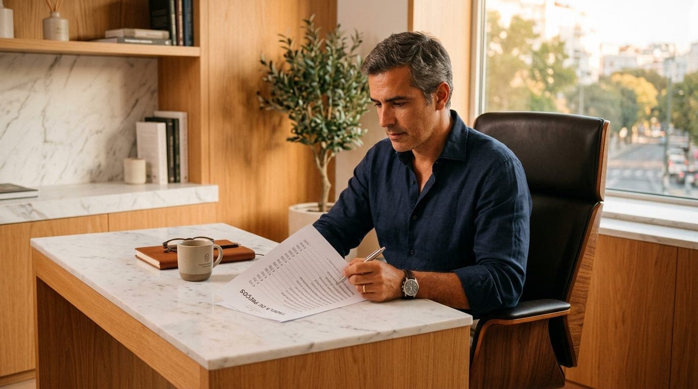 Médico revisa uma folha de valores sentado à mesa do consultório