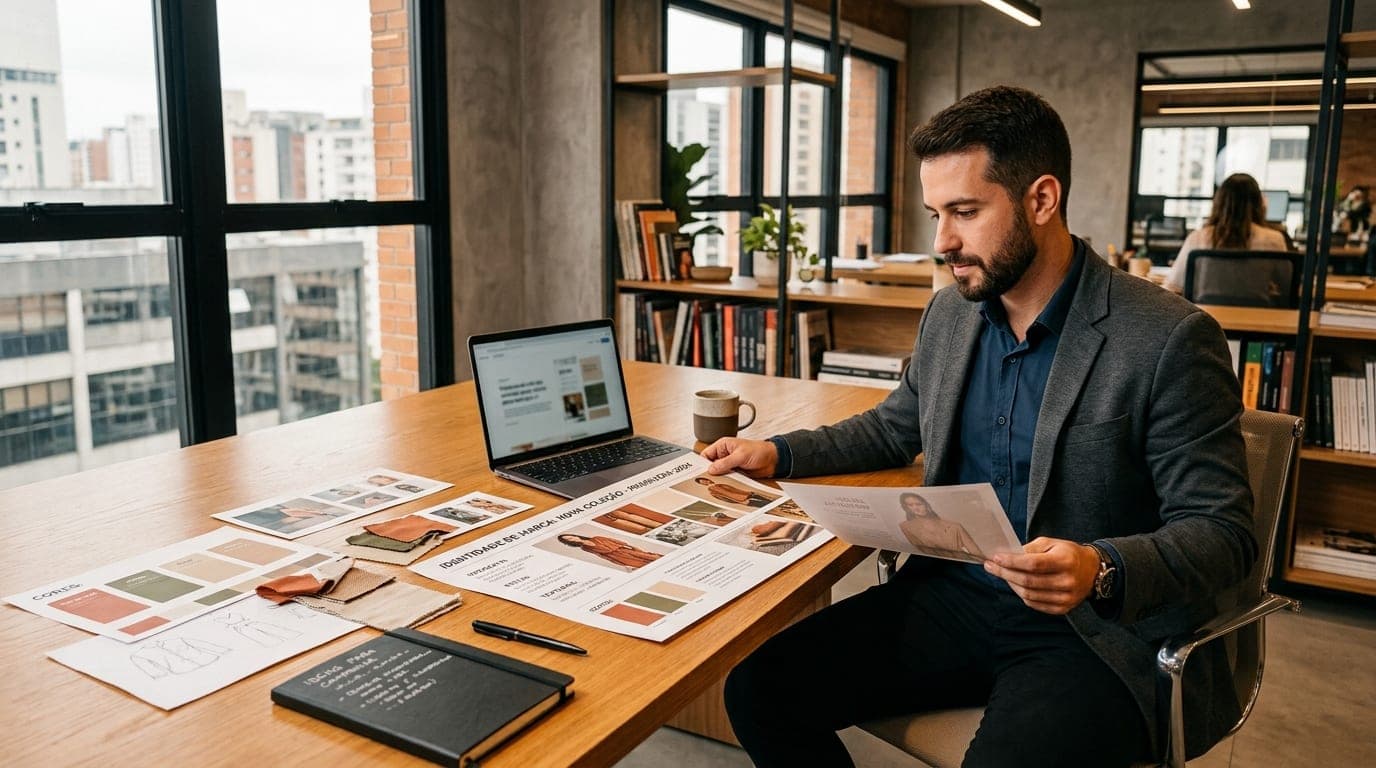 Profissional analisa materiais impressos de marca e conteúdo sobre a mesa, com notebook ao lado