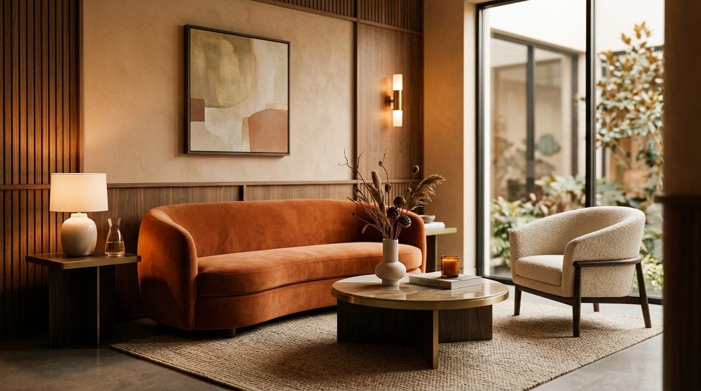 Sala de espera sofisticada com sofá cor de terracota, poltrona e iluminação acolhedora