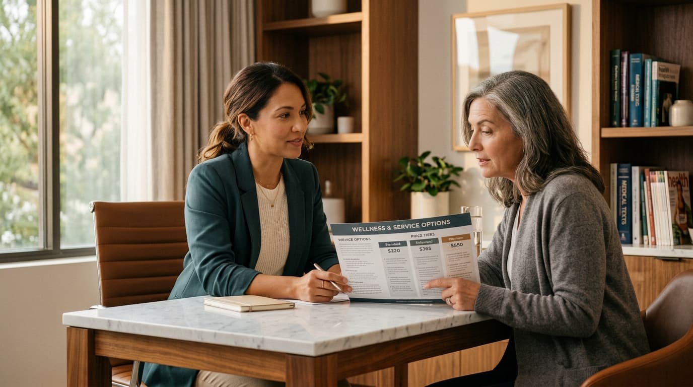 Duas mulheres analisam um folheto de serviços e valores numa mesa de consultório