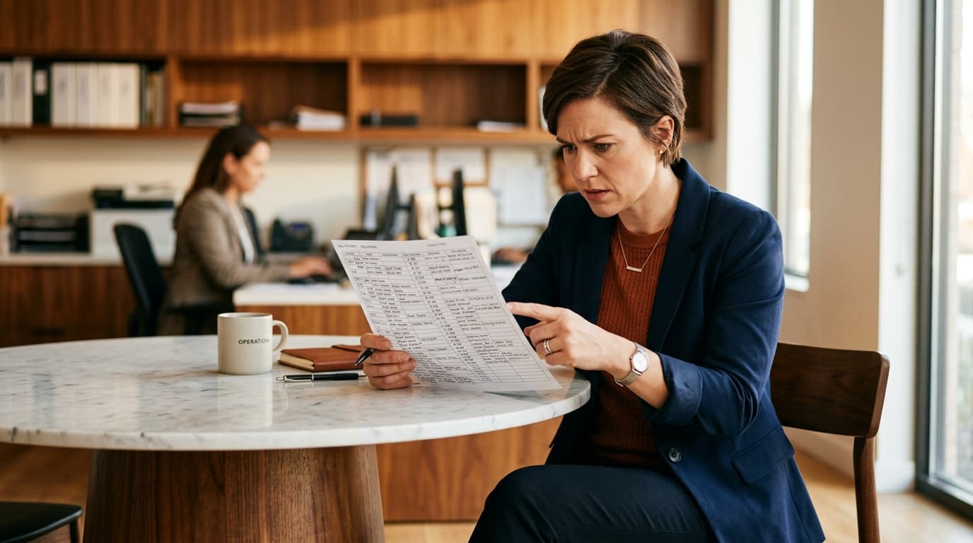 Mulher lê uma lista impressa com expressão de dúvida numa mesa redonda