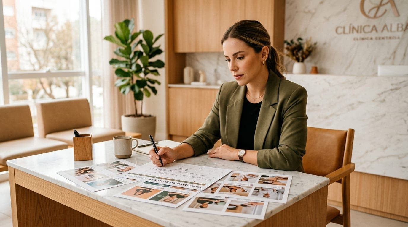 Profissional analisa materiais impressos de campanha de marketing sobre a mesa da clínica