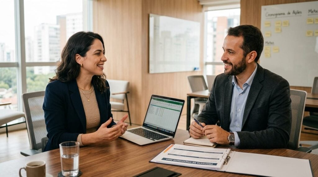 Gestor e atendente conversam em mesa de reunião com notebook e relatório de resultados