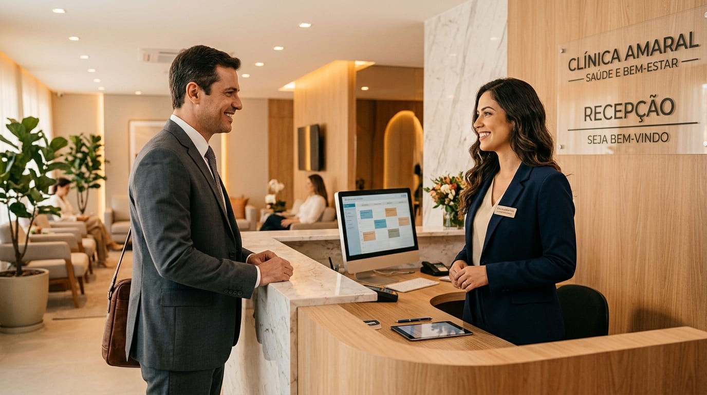 Recepcionista sorridente recebe um paciente no balcão de uma clínica de alto padrão
